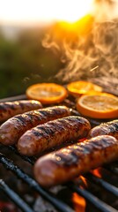 Sunset Barbecue: Grilled Sausages and Orange Slices on a Grill