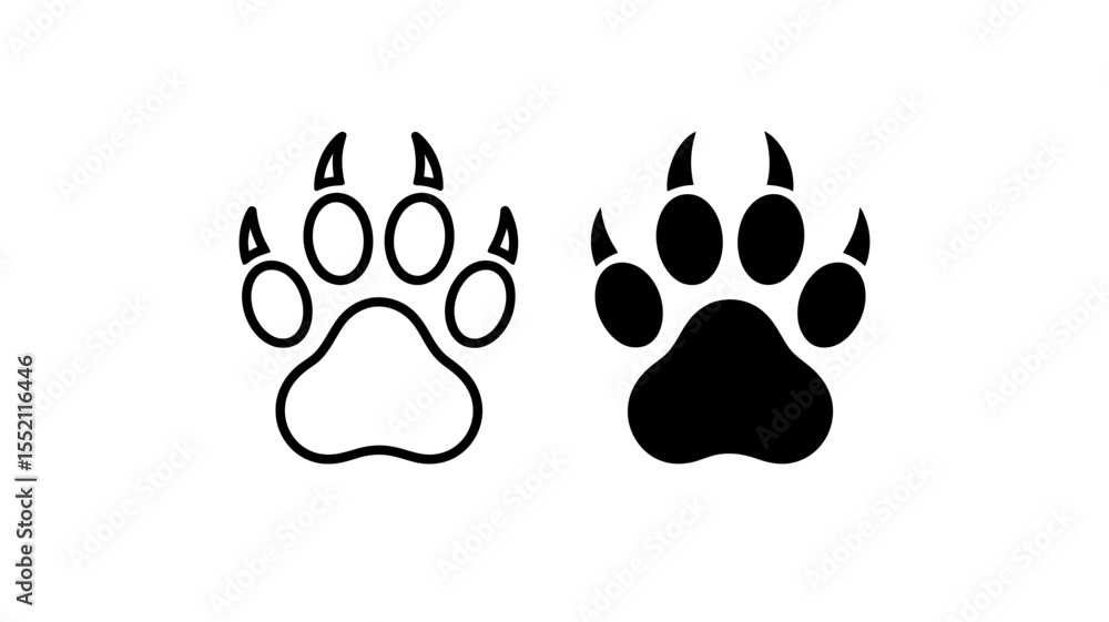 Poster paw prints outline and solid vector icons isolated on white