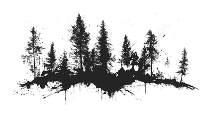 Black and White Forest Landscape with Ink Splatter Effect Vector Illustration