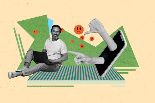 Full zine trendy photo collage of upset girl guy sit phone screen peek hands show dislike gesture cyberbully sad emoji problem