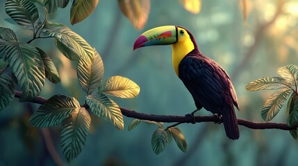 Vibrant toucan perched on a branch in a lush tropical rainforest at dawn