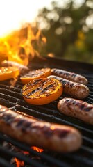 Sunset Barbecue: Grilled Sausages and Orange Slices on a Grill