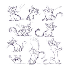 Sketch Style Cartoon Cats in Various Funny Poses and Expressions Vector Set