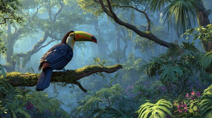 Vibrant toucan perched on a branch in a lush tropical rainforest during bright daylight hours