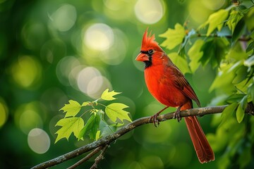 Vibrant red cardinal perched on a branch with lush green leaves in soft light