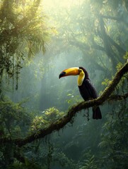 Vibrant toucan perched on a mossy branch in a lush tropical rainforest at dawn