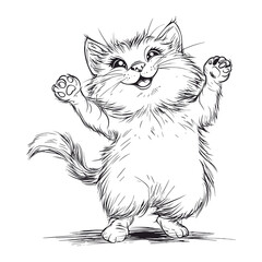 Obraz premium Playful Cartoon Cat Sketch with Raised Paws in Hand Drawn Black and White Style