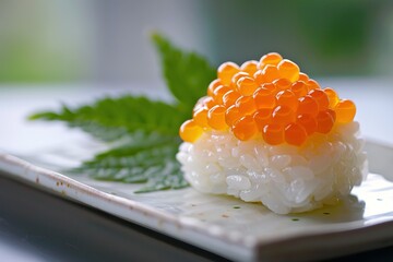 Vibrant salmon roe sits atop fluffy rice a culinary delight of Japanese sushi