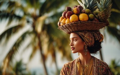 Woman in traditional tropical dress carries fruit basket on her head in a vibrant, sunlit environment surrounded by palm trees