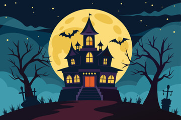 Spooky Halloween night with a haunted house and castle silhouette under a dark moonlit sky, featuring bats, creepy trees, and pumpkins