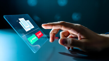 Hand Approving or Rejecting Digital Documents on Futuristic Tablet Interface