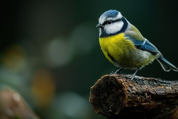 Vibrant songbird perched on a weathered log showcasing its bright plumage