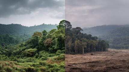Contrast between lush jungle and deforested land in an untouched ecosystem