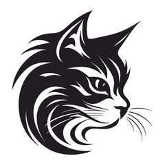 Stylized Tribal Cat Head Illustration in Black and White Vector Design
