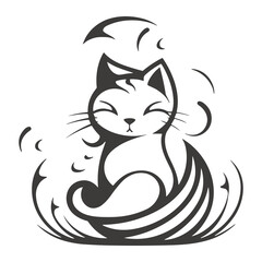 Elegant Minimalist Cat Illustration in Black and White with Flowing Abstract Lines
