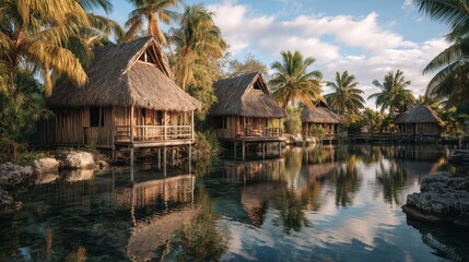 Wooden stilt houses in a serene village surrounded by lush palm trees under a bright blue sky