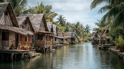 Exploring a tranquil village featuring wooden stilt houses along a serene waterway surrounded by lush palm trees