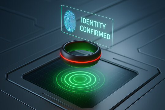Futuristic biometric security ring scanning identity confirmation over illuminated digital pad showing fingerprint verification for smart authentication and secure access systems