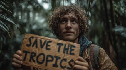 Activist holds a sign urging for tropical rainforest protection in a dense jungle setting