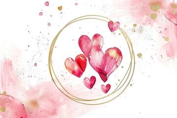 Watercolor hearts in gold circle evoke romance and love on a white and pink background