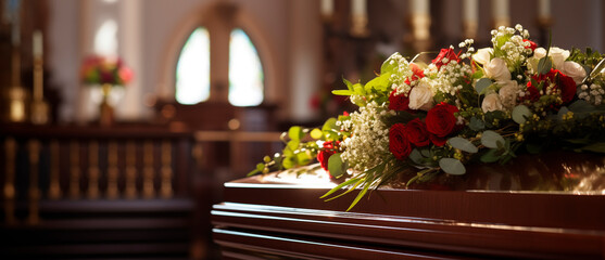 Funeral ceremony graphic, coffin, flowers.
