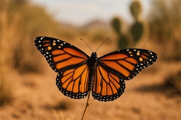 Obraz premium Close-up view of a monarch butterfly displaying vibrant orange and black wings perched on a slender twig against a blurred desert background with cacti.