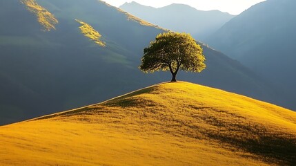 Single Tree on a Golden Hillside Against Mountain Background.