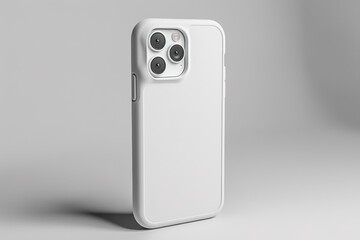 White phone case with camera cutouts on a gray background in a studio setting