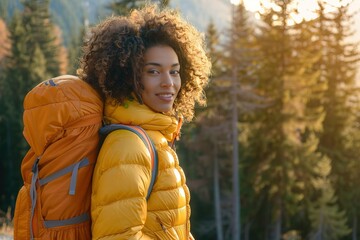 Woman hiking with a backpack in the mountains on a bright sunny day Adventure awaits