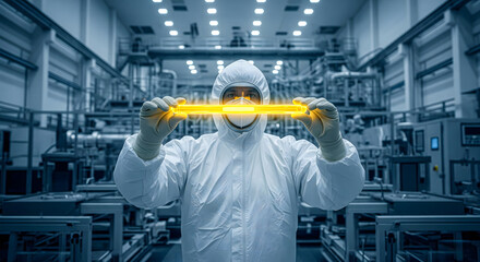 Full view of person in hazmat suit holding uranium rod with both hands, industrial setting in clear focus, nuclear safety operation concept JPG