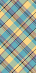 Elegant vector pattern textile, colorful fabric plaid tartan. Ornamental check background seamless texture in cyan and amber colors.