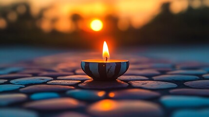 Single Lit Candle on Colorful Stone Surface at Sunset