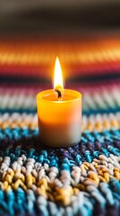 Single Lit Candle on a Colorful Woven Mat