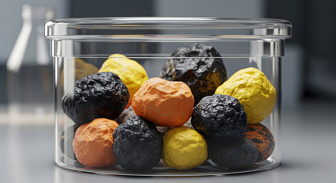 Realistic photo of sealed transparent container holding uranium ore samples with soft blurred background, nuclear material concept JPG
