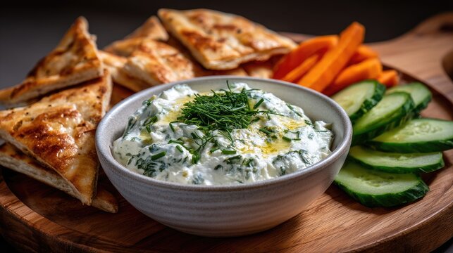 Creamy white cheese spread topped with chives and paired with crisp vegetables and pita bread, ideal for a nutritious snack