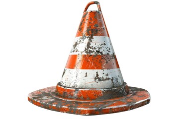 Worn orange and white traffic cone with signs of wear and tear on a white background