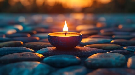 Single Lit Candle on Colorful Stone Surface at Sunset