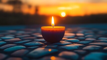 Single Lit Candle on Colorful Stone Surface at Sunset