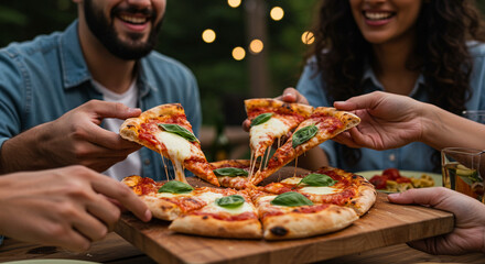 Friends serving themselves slices of grilled pizza from a wooden board at a backyard