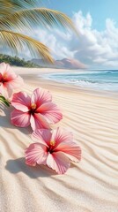 Pink Hibiscus and Plumeria Blossoms on Sandy Beach.