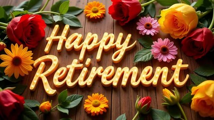 Happy retirement text with roses and daisies on a wooden surface for celebration card