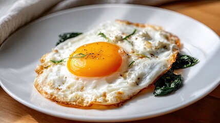 Delicious sunny-side-up egg paired with feta cheese and spinach, beautifully presented on a wooden table in a cozy kitchen setting