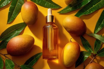 Mango extract serum bottle surrounded by leaves and fresh mangoes, minimalist luxury
