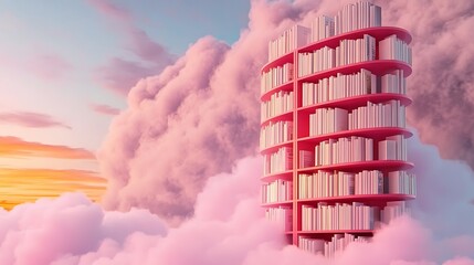 Pink Bookshelves Forming Spiral Towers in Pastel Sunset Clouds