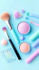 Pastel Makeup Set on Blue Background.