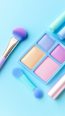 Pastel Makeup Set on Blue Background.