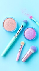 Pastel Makeup Set on Blue Background.