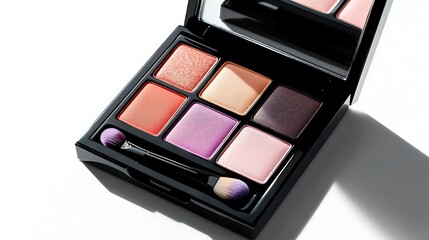 Open Eyeshadow Palette with Swipe Brush and Mirror on White Background.