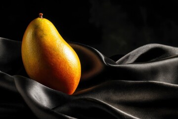 Mango on black silk with dramatic lighting, classic elegance
