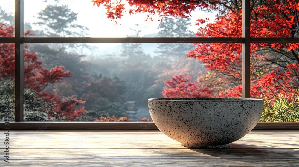 Poster a bowl rests on a wooden surface in front of a window with a view of autumn foliage.